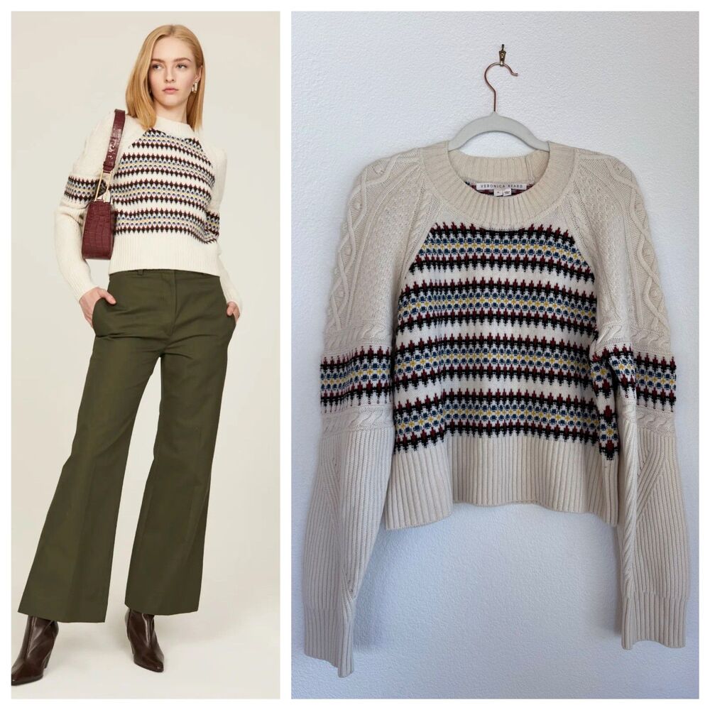 Veronica Beard Jimena Jacquard Cable Knit 100% Merino Wool Sweater Size XL